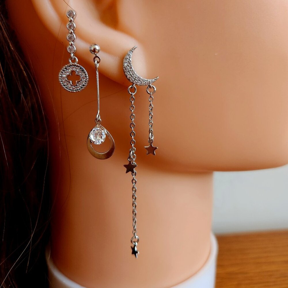 925 SILVER 3 PAIRS DELICATE DANGLE EAR RINGS WITH CZ STONES.
